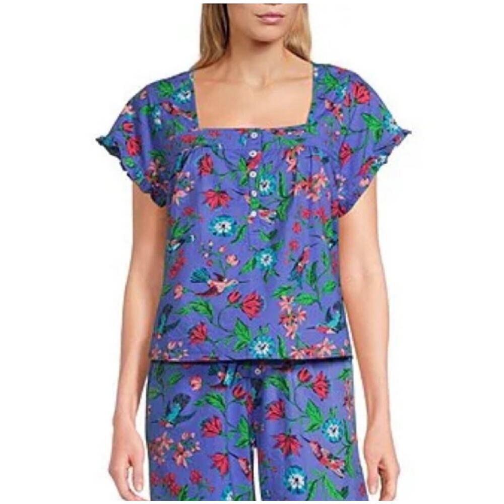 Printfresh Pintuck Cropped Pajama Set Hummingbird Haven Blue Purple Size 3X